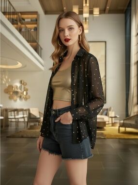 The Kooples Star Sheer Button Down Blouse in Black Gold Size Small